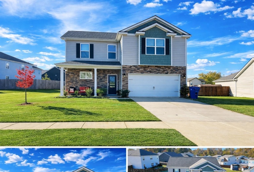 Craftsman-style home featuring stone siding, covered porch, driveway, and an attached garage