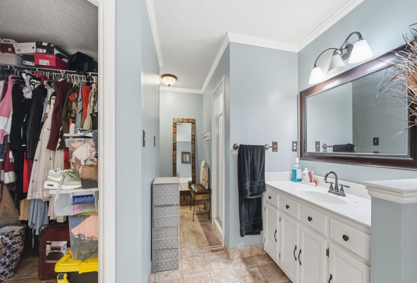 Bathroom with crown molding, a walk in closet, vanity, and light tile patterned floors
