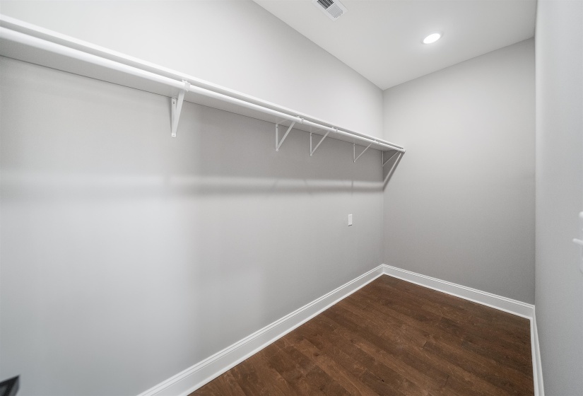 Walk in closet featuring dark wood-style flooring