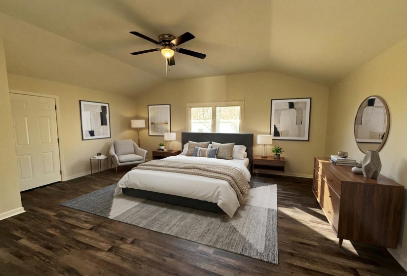 Bedroom featuring lofted ceiling, ceiling fan, and dark wood-type flooring