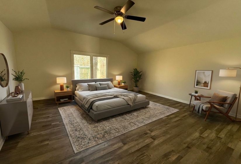 Bedroom with lofted ceiling, dark wood-style floors, and a ceiling fan