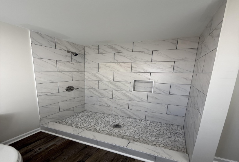 Full bathroom with a stall shower and dark wood-style flooring