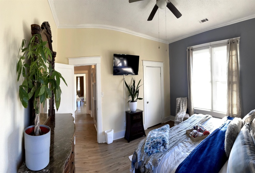 Spacious room featuring wood-finish flooring, a ceiling fan, and crown molding