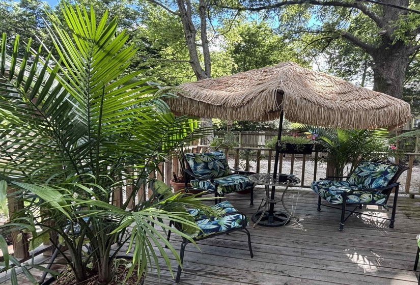 Outdoor wood-finish deck featuring a vertical wood slat railing