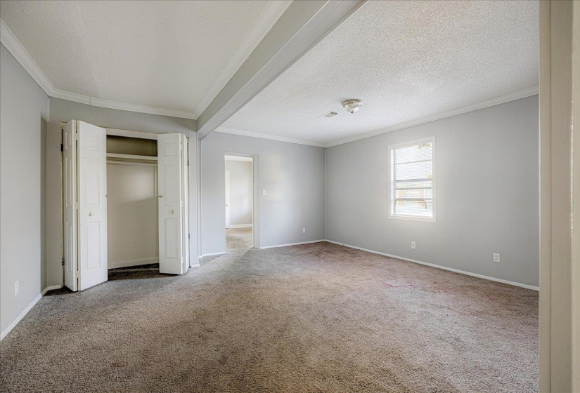 Unfurnished bedroom with a textured ceiling, carpet, ornamental molding, and a closet