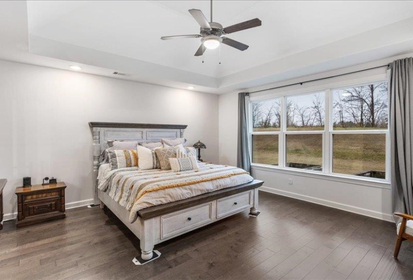 Main-level primary suite featuring a raised ceiling, dark wood finished floors, a ceiling fan, and recessed lighting