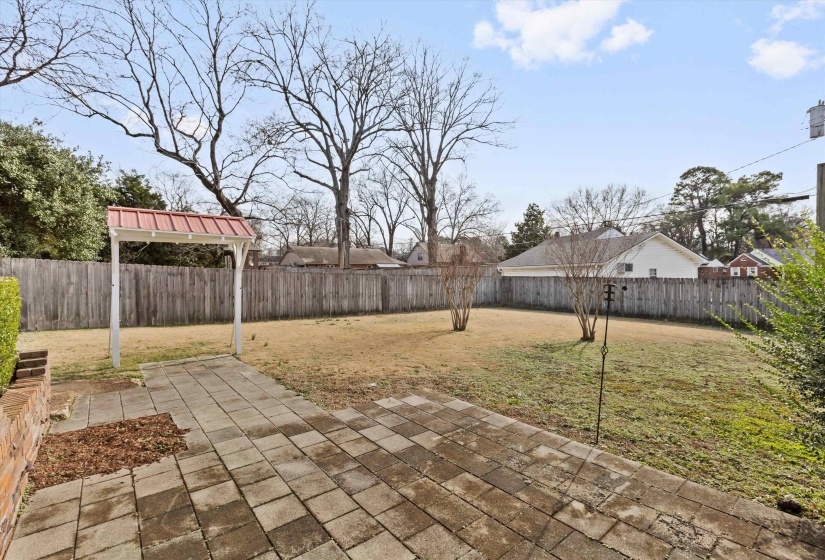 Fenced backyard with a patio area