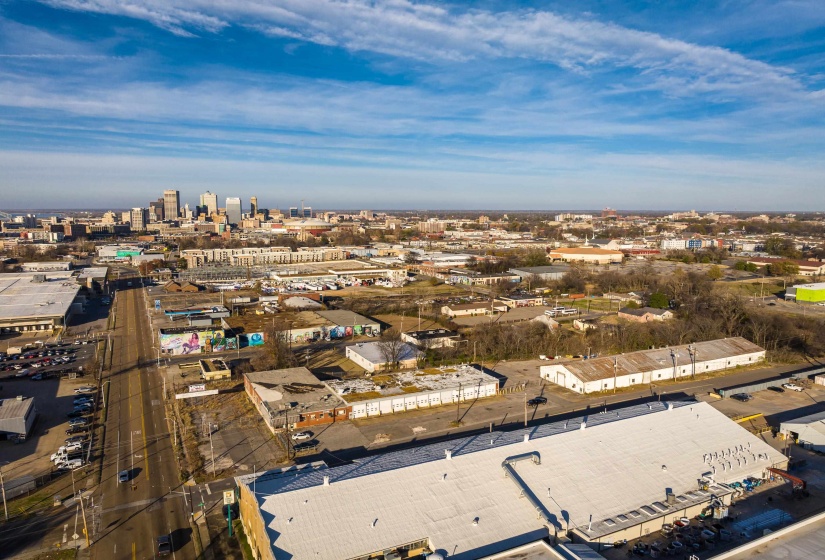 View of urban area featuring industrial structures