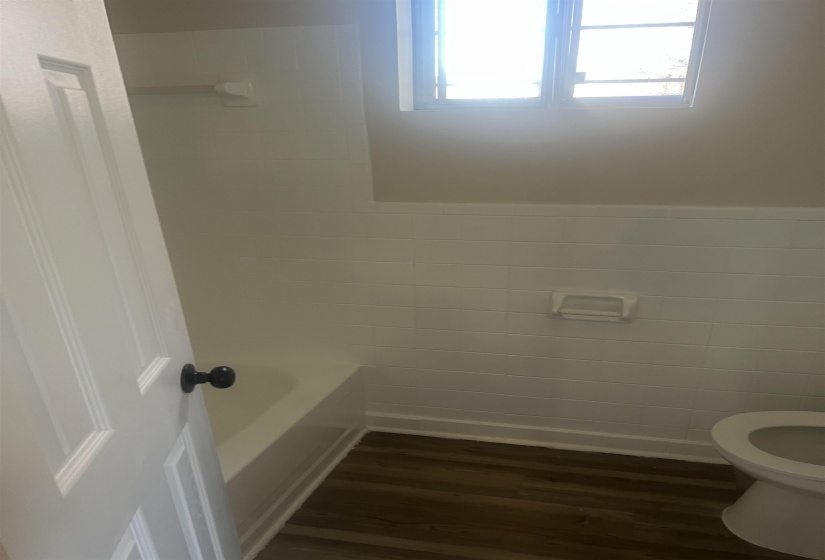 Full bath with dark wood-type flooring and a wainscoted wall
