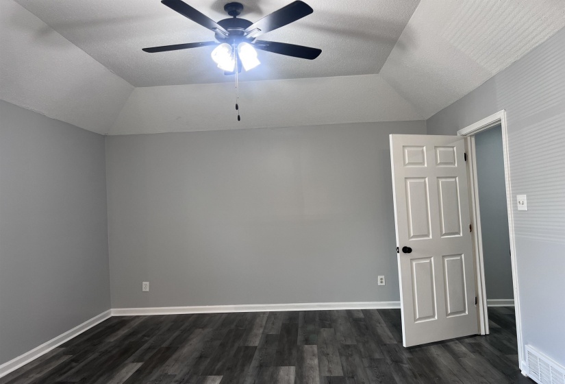 Additional living space featuring vaulted ceiling, dark wood-style floors, and ceiling fan