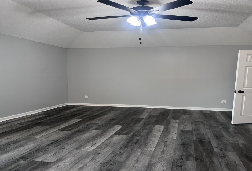Empty room featuring lofted ceiling, dark wood-style flooring, and ceiling fan