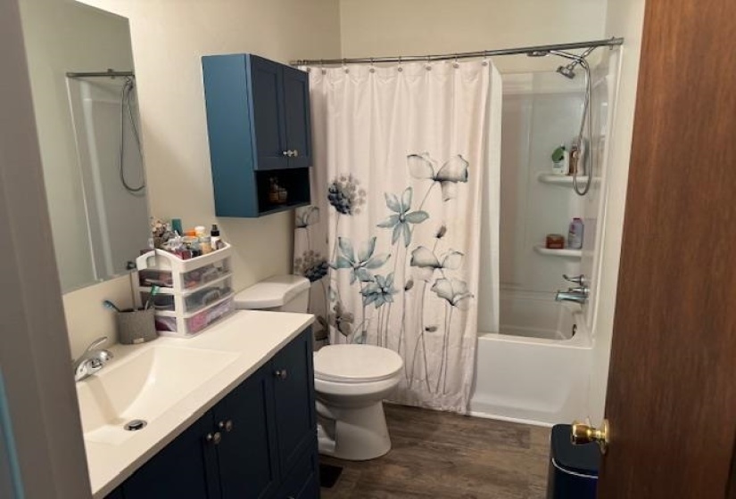 Bathroom featuring shower / bath combo, dark wood finished floors, and vanity