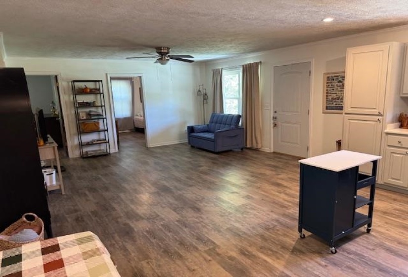 Living room featuring a textured ceiling, wood finished floors, and ceiling fan