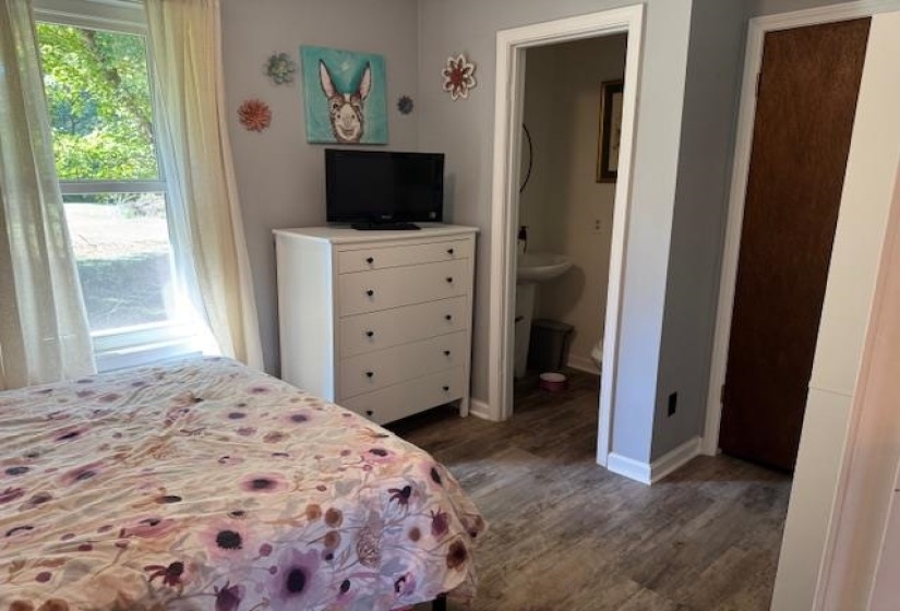 Bedroom with dark wood-type flooring and ensuite bathroom