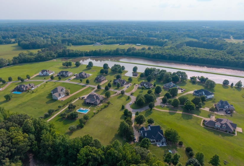Aerial view of a nearby body of water and a forest