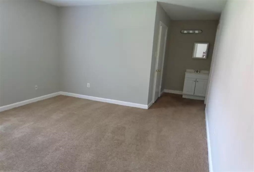 Spare room with light carpet, baseboards, and a sink