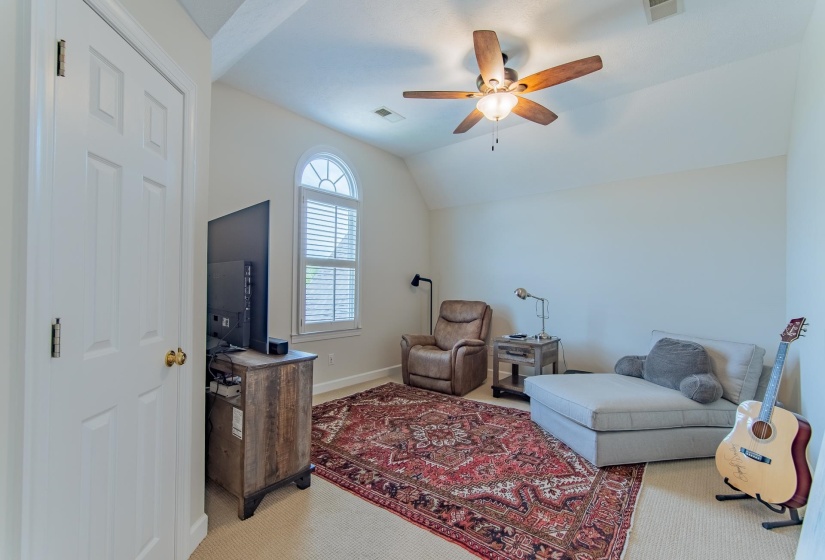 Carpeted living room with baseboards, a ceiling fan, vaulted ceiling, and visible vents