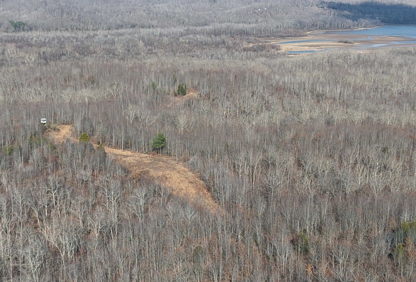 Aerial view of property and surrounding area featuring a heavily wooded area