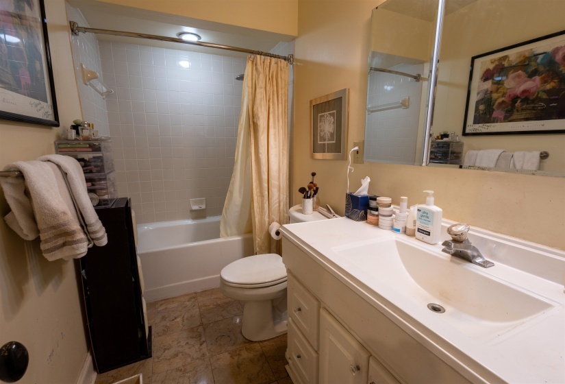 Full bath with vanity and shower / bath combo with shower curtain