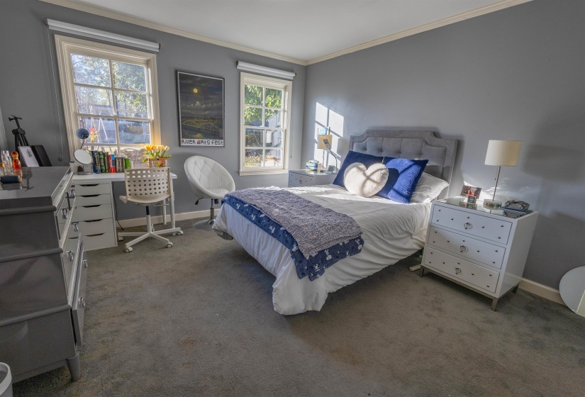 Carpeted bedroom with crown molding and baseboards
