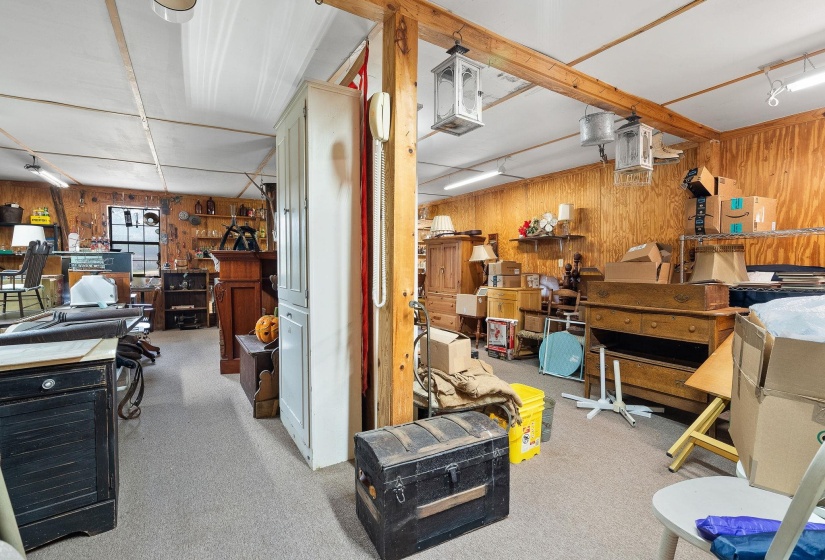 Below grade area featuring wooden walls, light colored carpet, a workshop area, and rail lighting