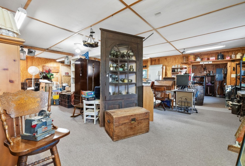 Living area featuring wood walls and carpet flooring