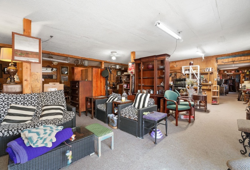 Carpeted living area featuring wooden walls
