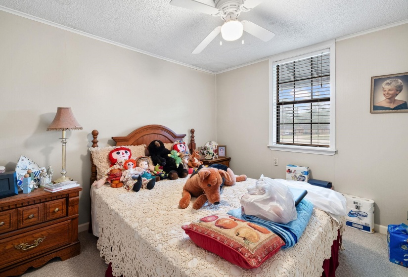 Bedroom featuring carpet, a textured ceiling, ceiling fan, and crown molding