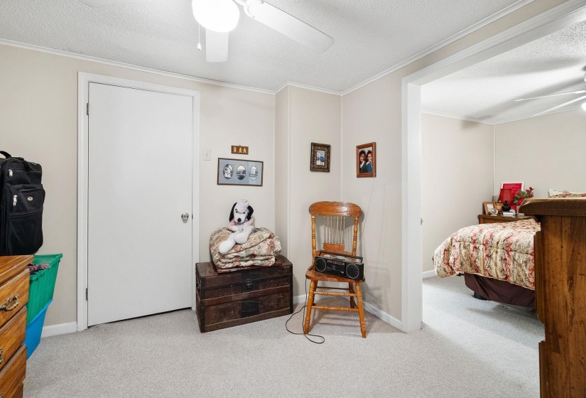 Carpeted bedroom with a textured ceiling, ornamental molding, and a ceiling fan