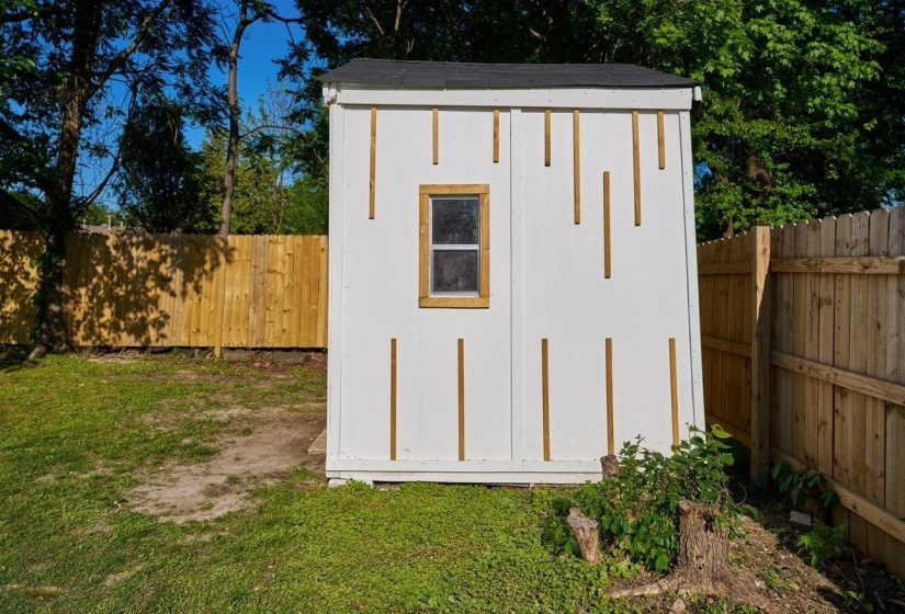 View of shed with a fenced backyard