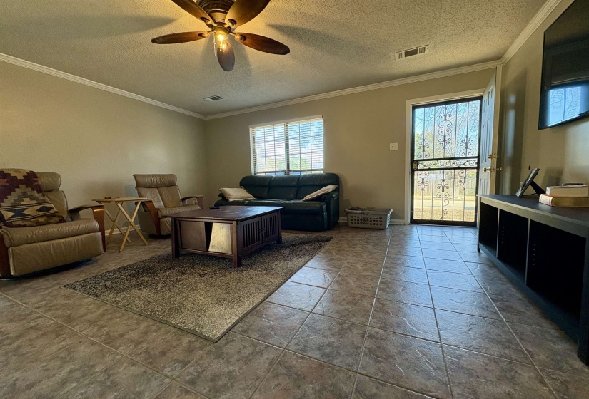 Living room featuring ornamental molding, a textured ceiling, and ceiling fan