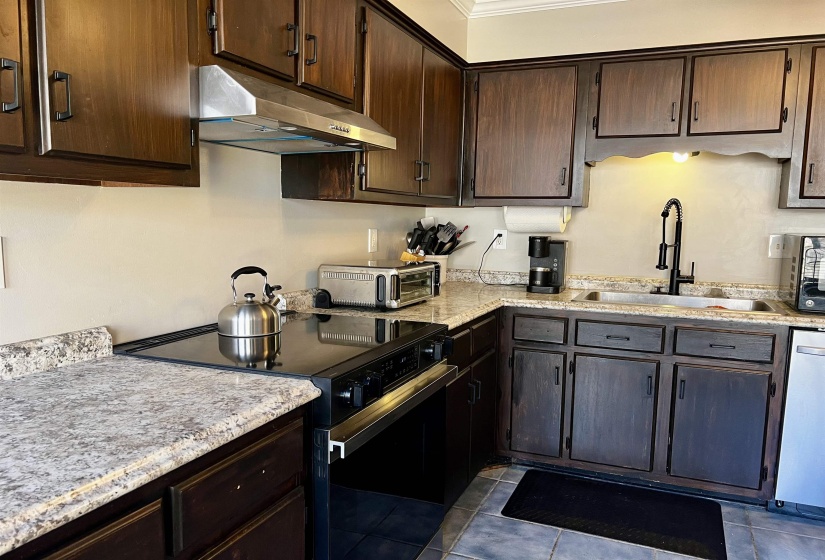 Kitchen featuring black range with electric stovetop, dark brown cabinetry, under cabinet range hood, dishwashing machine, and ornamental molding