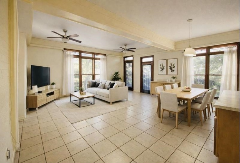 Dining room featuring light tile patterned floors, beam ceiling, a ceiling fan, and ornamental molding