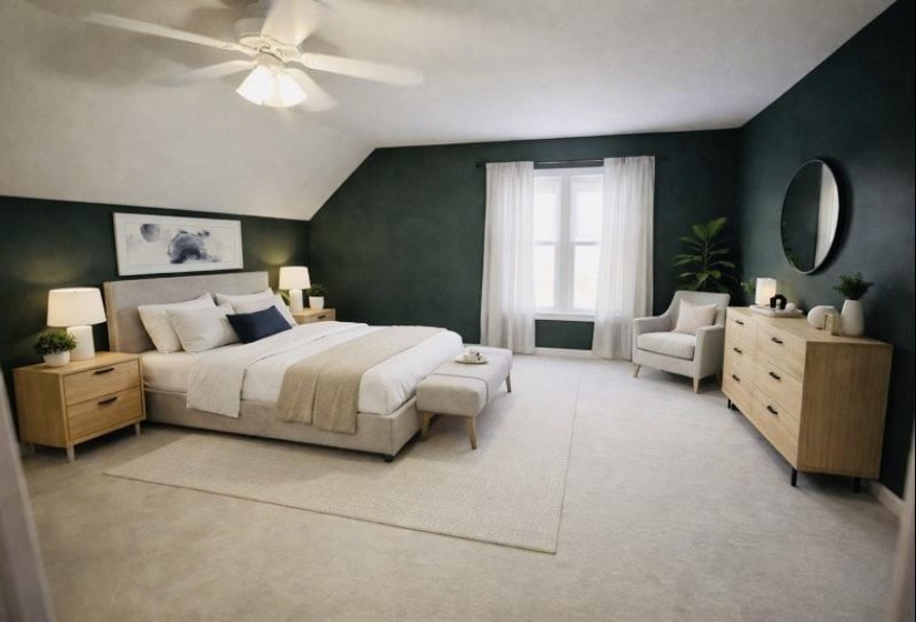 Bedroom with carpet, lofted ceiling, and ceiling fan