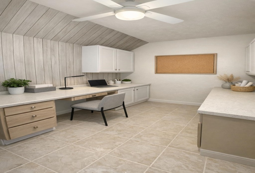 Home office with lofted ceiling, built in study area, light tile patterned floors, and wood walls