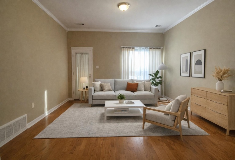 Living area featuring hardwood / wood-style flooring and ornamental molding