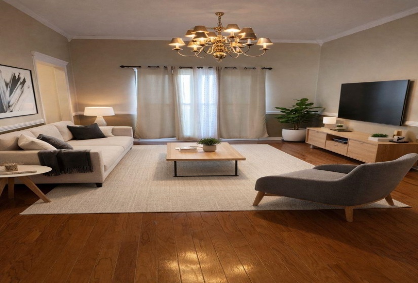 Living area with ornamental molding, hardwood / wood-style floors, and a chandelier