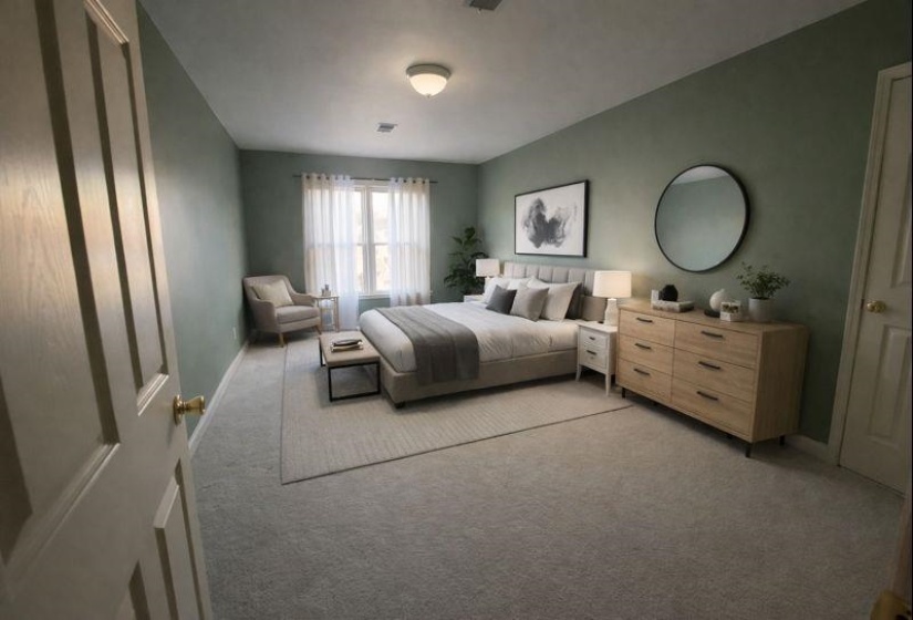 Bedroom featuring light carpet