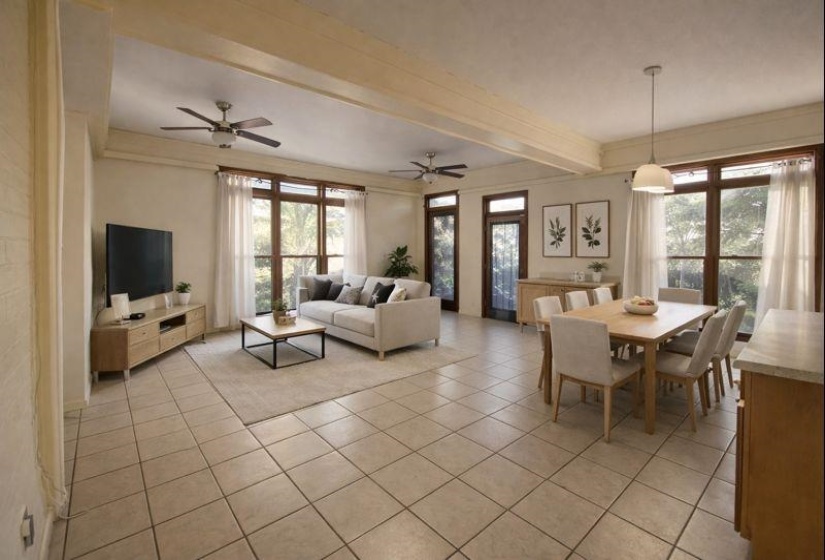 Dining space with light tile patterned flooring, a ceiling fan, beam ceiling, and ornamental molding