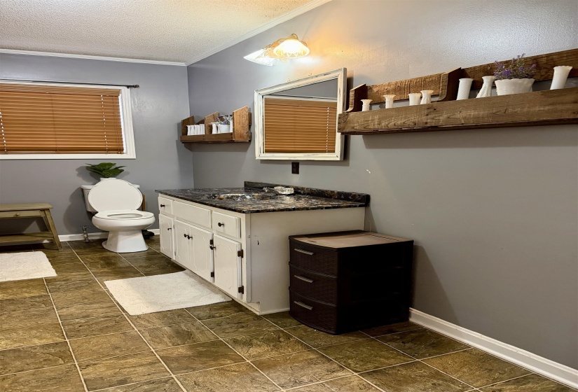 Bathroom featuring crown molding, a textured ceiling, vanity, and dark stone finish floors
