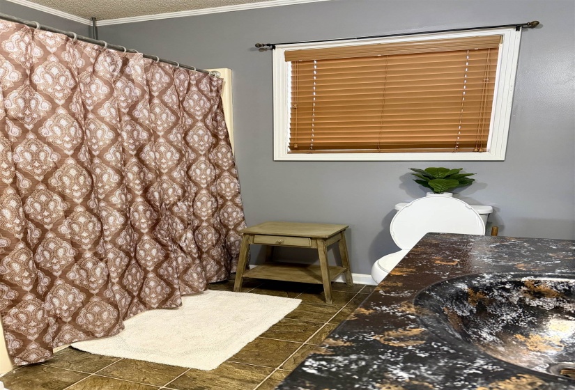 Bathroom with curtained shower, crown molding, and vanity