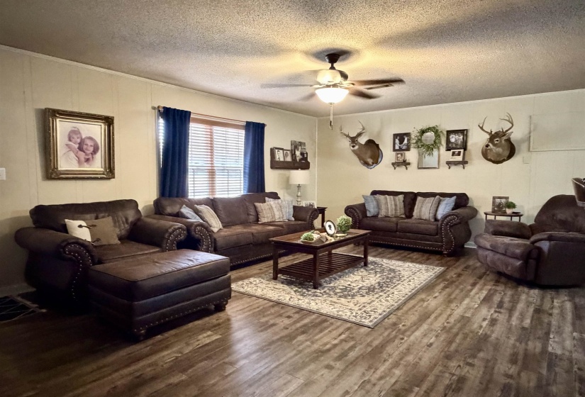 Living room with dark wood-style flooring, a textured ceiling, and a ceiling fan