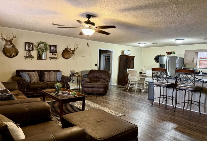 Living room featuring dark wood-style floors, a textured ceiling, a ceiling fan, and a decorative wall