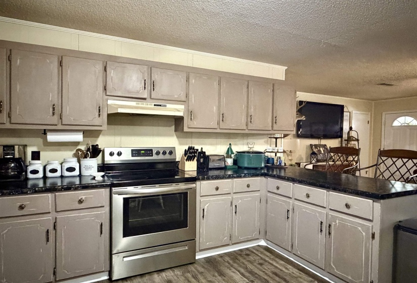Kitchen featuring stainless steel electric range, a textured ceiling, under cabinet range hood, dark wood-style floors, and a peninsula
