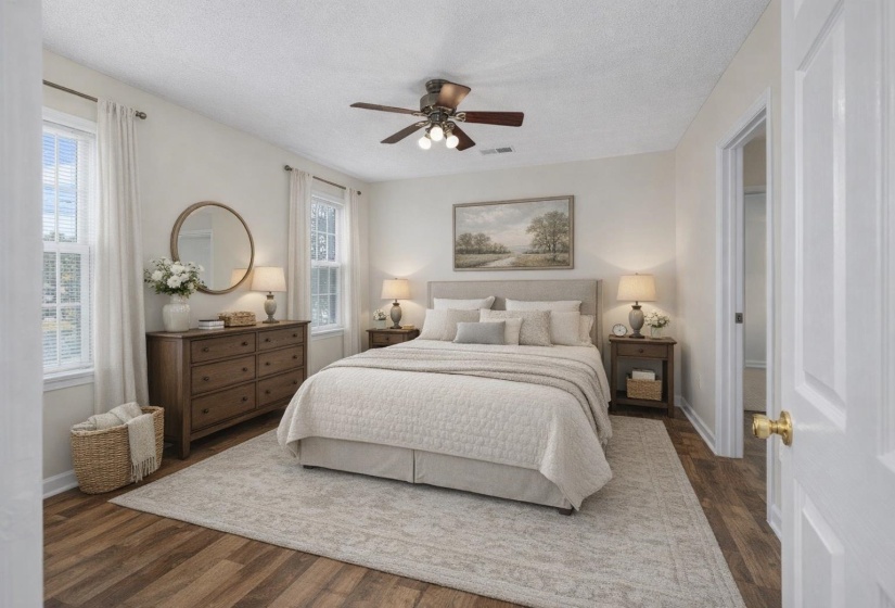 Staged picture of primary bedroom