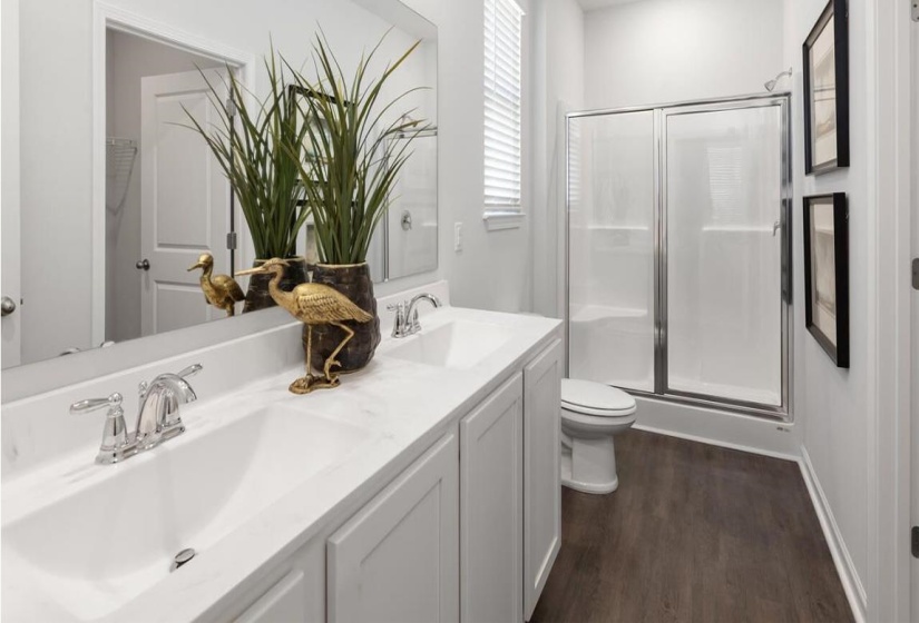 Bathroom featuring a stall shower, double vanity, and dark wood-style flooring