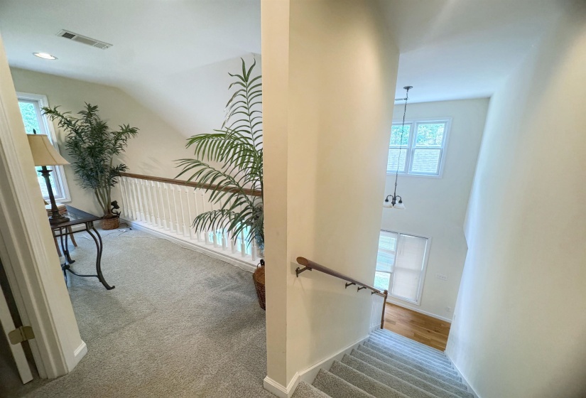 Carpeted staircase leading to a carpeted upper landing with white balusters and a wood handrail