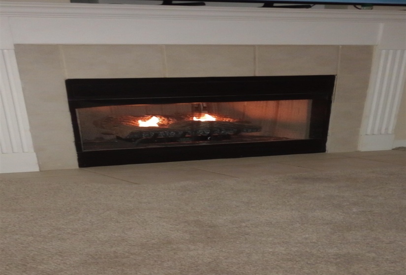 Detailed view of a tile fireplace and carpet