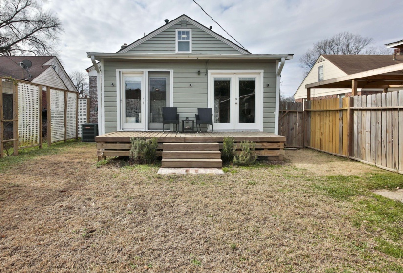 Back of property with a wooden deck, french doors, and a fenced backyard