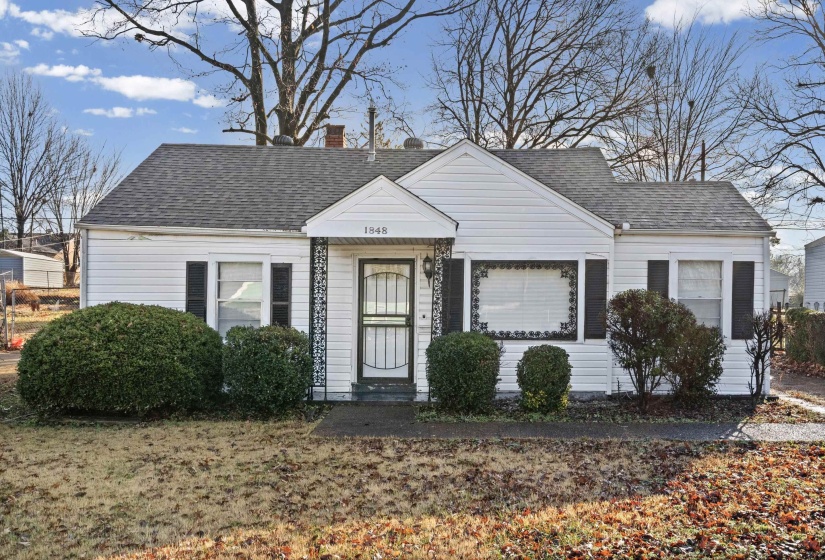 View of front of house with a shingled roof and a chimney